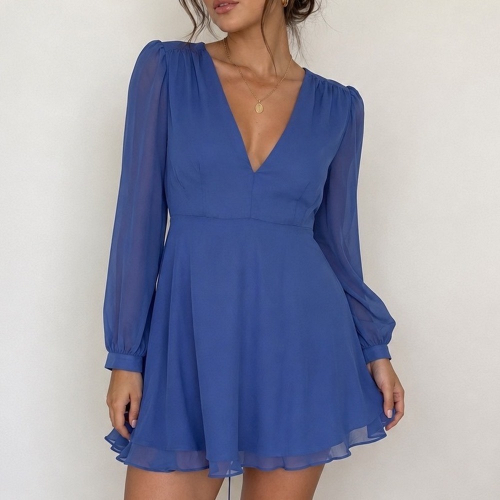 Glamorous Dusty Blue V-Neck Long Sleeve Chiffon Mini Dress AN3090 Size M cc